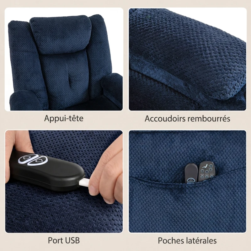 HOMCOM Fauteuil Releveur Électrique Massage Vibration et Chaleur, Fauteuil Relax Électrique en Velours, Dossier Inclinable Bleu