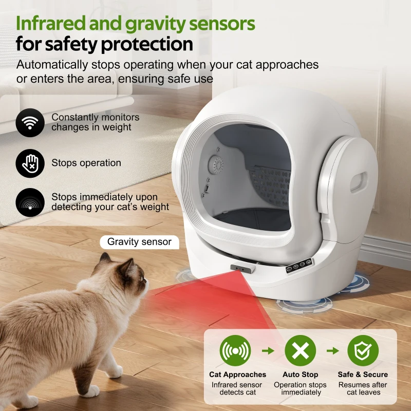 Self-Cleaning Cat Litter Box with App Control and 8L Waste Bin, Automatic Cat Litter Tray for One to Two Cats, 53L x 45.5W x 56.5H cm, White