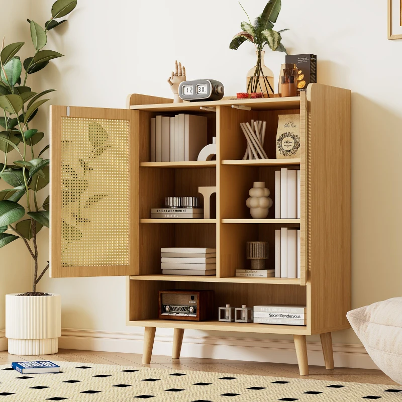 Modern Shoe Cabinet Storage Combo with 5-Tier Shelves, Freestanding Cupboard Organiser with Rattan Doors, 80L x 35W x 105H cm, Light Oak