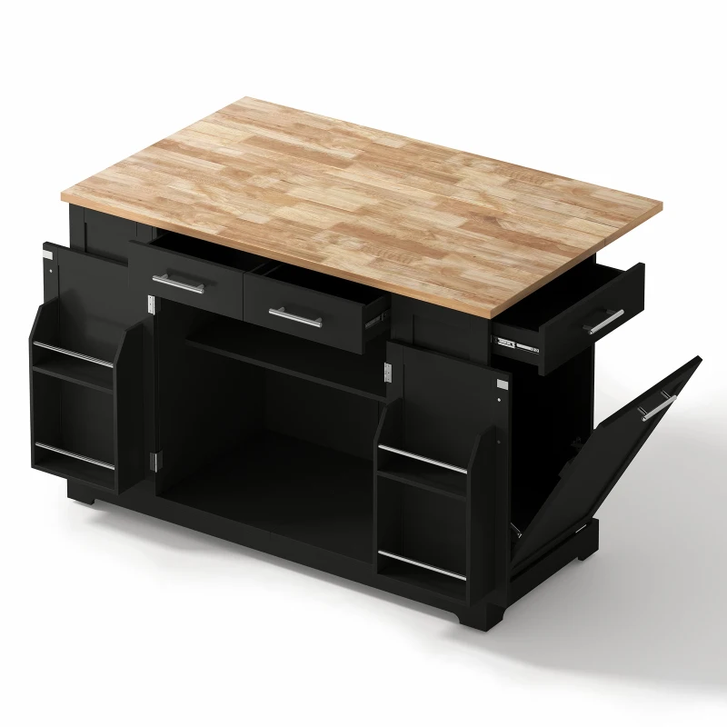 Modern Rolling Kitchen Island Trolley with Woodgrain Worktop, Mobile Storage Cart Unit with Pull-Out Bin Compartment, 138L x 86W x 92H cm, Black