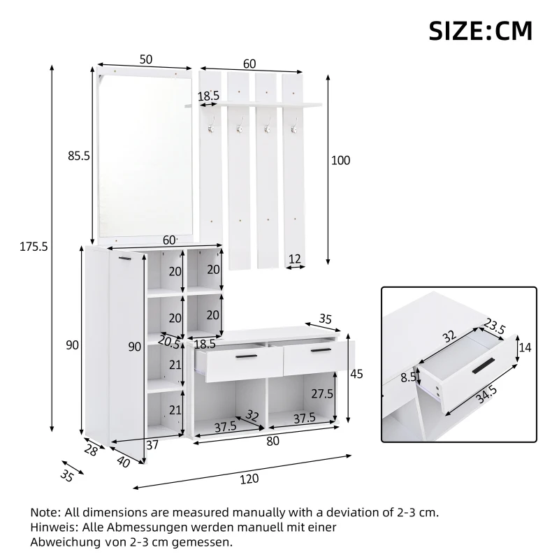Hallway Storage Unit with Mirror and 4 Hooks, Space-Saving Shoe Cabinet with 10 Compartments for Entryway, 120L x 35W x 175.5H cm, White