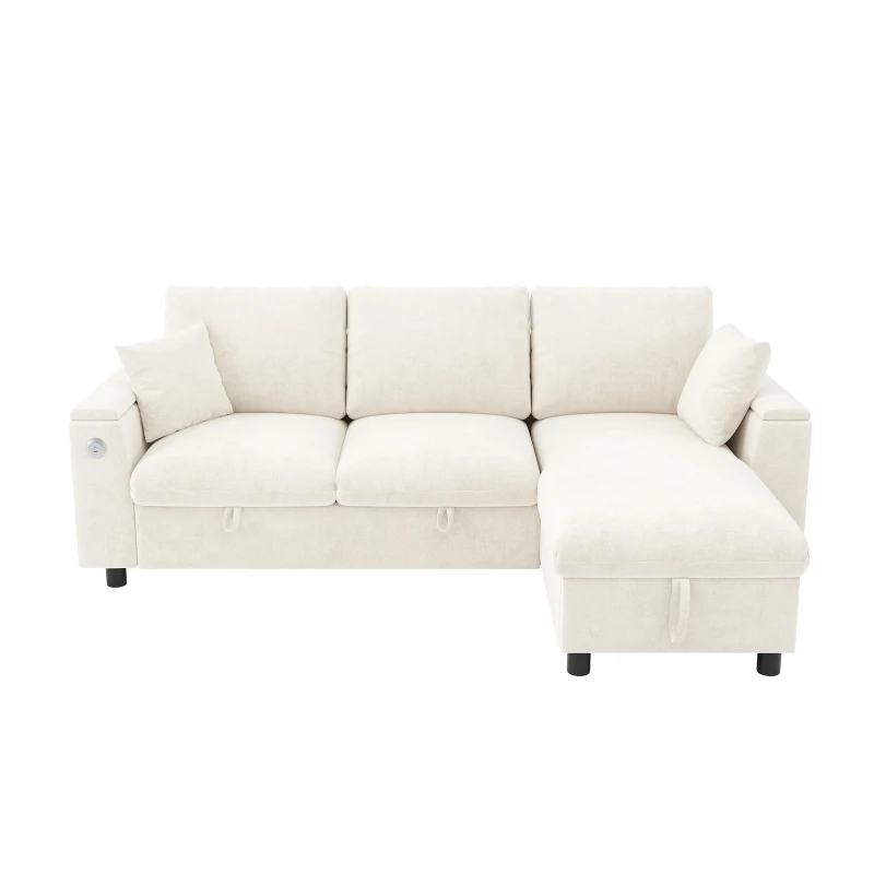 L-Shaped Sofa Bed with USB/USB-C Ports and Pull-Out Sleeper, Soft Reversible Corner Couch with Hidden Chaise Storage, 200L x 137W x 85H cm, Beige