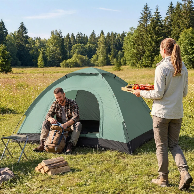 Outsunny Tenda da Campeggio 2 Posti con Porta a Cerniera, Zanzariera e Sacca di Trasporto, 206x185x120cm, Verde