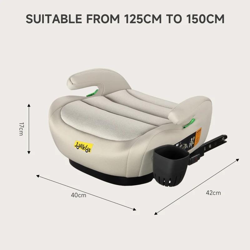 Safe ISOFIX Car Booster Seat with ECE R129 i-Size and Cup Holder, Portable Travel Booster Cushion for Kids and Vehicles, 40L x 42W x 17H cm, Grey