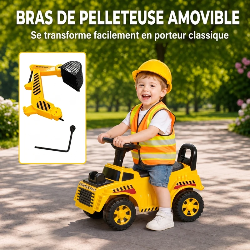 AIYAPLAY Tractopelle Enfant, Porteur Pelleteuse avec Casque de Sécurité, Klaxon et Bras d'Excavation Amovible, 1 à 4 Ans, Jaune