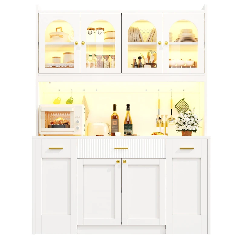Modern Kitchen Cabinet with App-Controlled RGB LED, Storage Cabinet with Roll-Out Shelves and Glass Doors, 120L x 40W x 187H cm, White