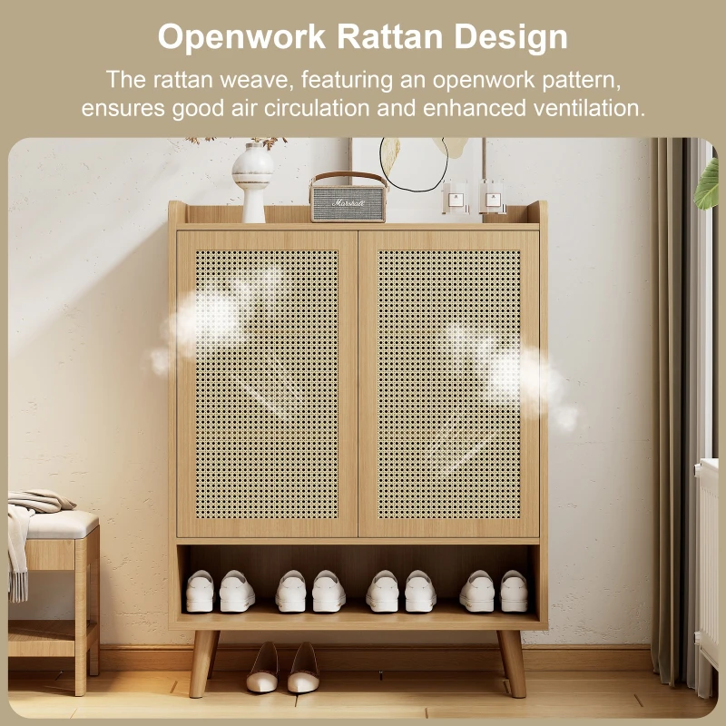 Modern Shoe Cabinet Storage Combo with 5-Tier Shelves, Freestanding Cupboard Organiser with Rattan Doors, 80L x 35W x 105H cm, Light Oak