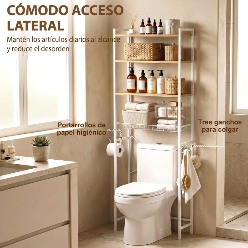 HOMCOM Mueble Sobre Inodoro de 3 Niveles con Portarrollos Estantes Ajustables Cesta Extraíble y Ganchos Roble