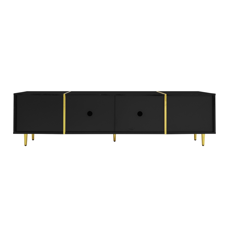 High-Gloss TV Cabinet with Four Soft-Close Doors, Modern Entertainment Stand for Living Room, 170L × 35W × 46H cm, Black+Gold