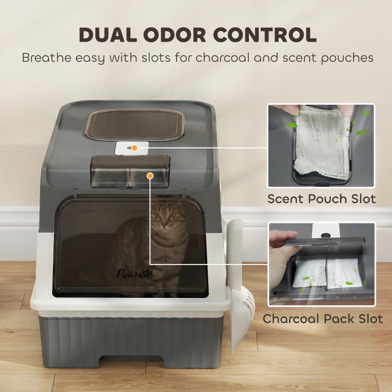 PawHut Enclosed Cat Litter Box with Lid, Pull-Out Drawer Tray, Scoop, 2 Deodorisation Bags, Front Entry & Top Exit, Grey