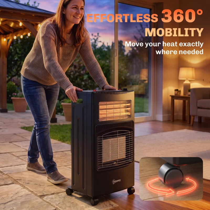 Outsunny Chauffage d'Appoint Gaz et Électrique 4200W/1200W Infrarouge Pliable 3 Niveaux 2 Freins Sécurité ODS 45x42x75cm Noir