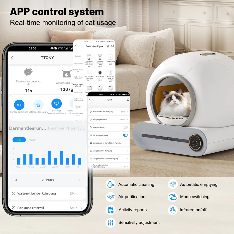 Self-Cleaning Cat Litter Box with App Control and Odor Eliminator, Automatic Cat Litter Tray for Multi-Cat Households, 48L x 52W x 50.5H cm, White