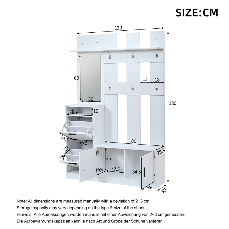 Modern Hall Tree with Coat Rack, Mirror and Shoe Bench, Space-Saving Entryway Unit with 6 Hooks and Flip Cabinets, 120L x 30W x 180H cm, White