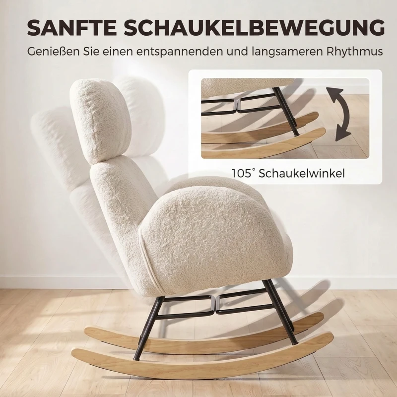 HOMCOM Polster-Schaukelstuhl mit verstellbarer Kopfstütze, Velours in Regentropfen-Optik, Gestell aus Gummibaumholz, Cremeweiß
