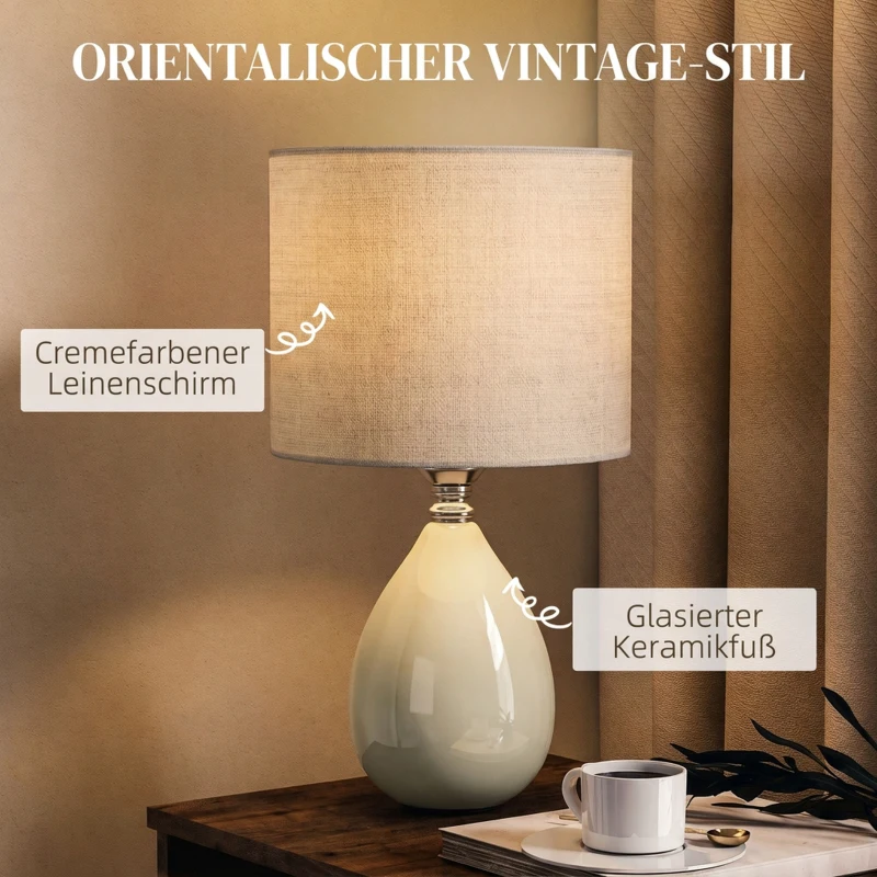 HOMCOM Tischlampe Tischleuchte, Vintage Nachttischlampe Schreibtischlampe mit Keramiksockel, Leinenschirm Kabel, E27 Fassung