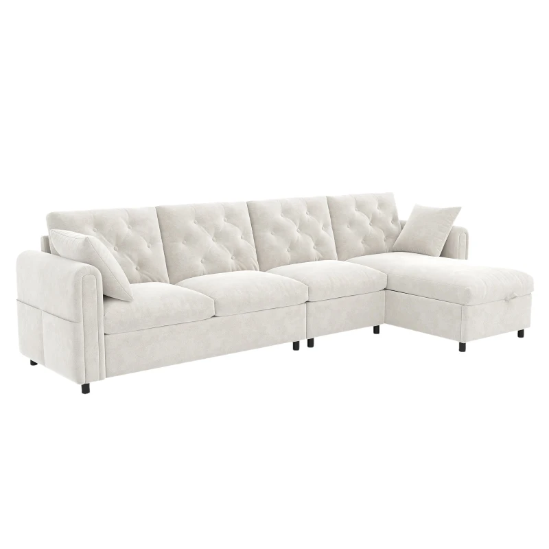 Modern Velvet L-Shaped Sectional Sofa with Storage Chaise and Tufted Back, Soft Corner Couch with Reversible Corner, 281L x 132W x 86H cm, BeigeStorage Chaise