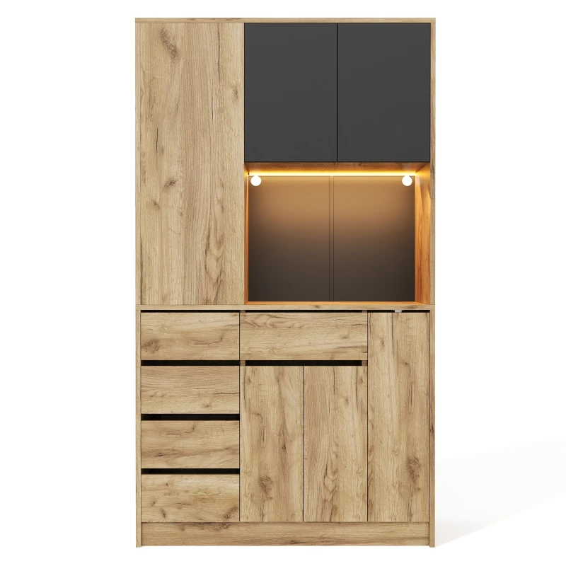 Modern Tall Kitchen Pantry Sideboard with 4-Tier Pull-Out Organiser, Freestanding Storage Cupboard with Power Outlets, 105L x 40W x 185H cm, Black