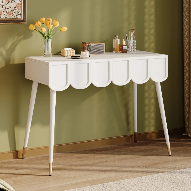 Modern Wooden Vanity Desk with 2 Cloud-Shaped Drawers, Multi-Functional Dressing Console Table with Metal Legs, 100L x 40W x 76H cm, White