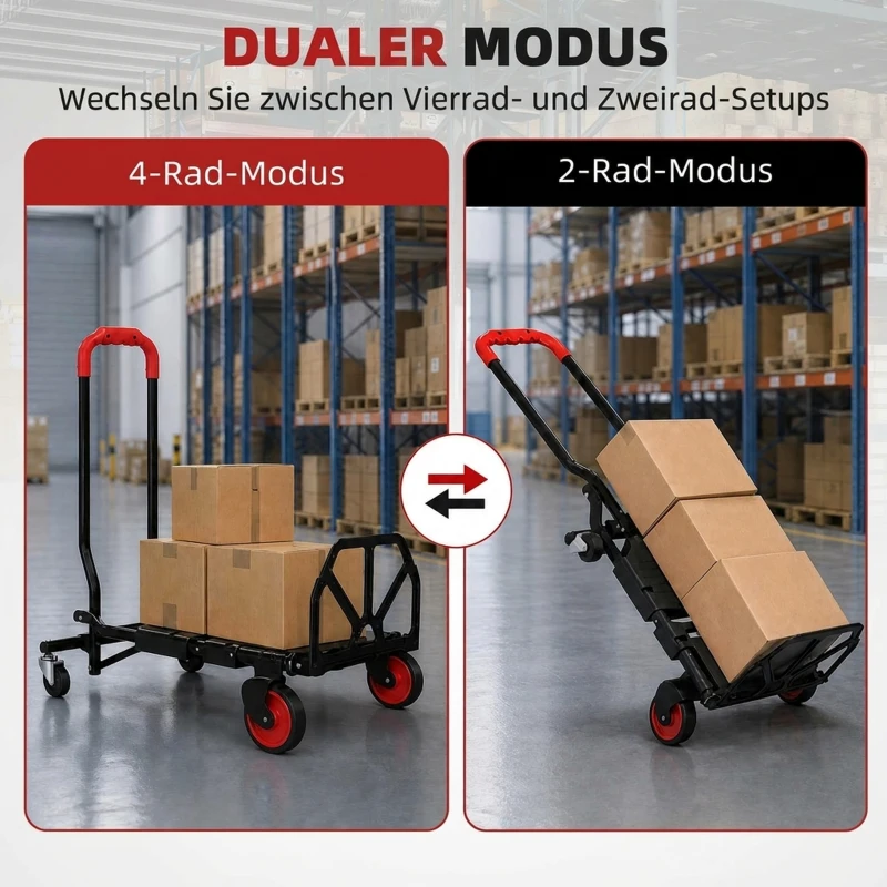 HOMCOM 2-in-1 Plattformwagen Sackkarre Klappbar Transportwagen mit Lenkrollen, Griff, Stahl bis 120 kg