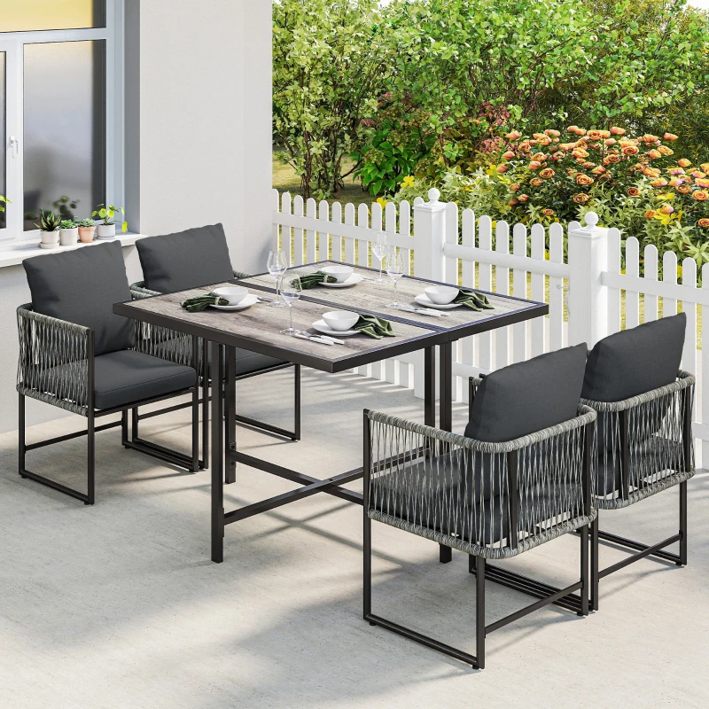 Outsunny Polyrattan Gartenmöbel Set 5-teilig Platzsparend Sitzgruppe Tisch mit 4 Stühlen DPC-Tischplatte Kissen Grau