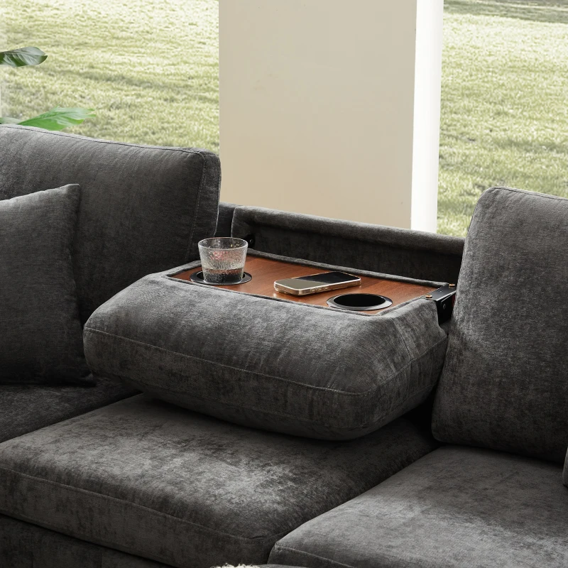 Modern Corner Sofa Bed with Reading Lamp and Fold-Out Cup Holder Table, Soft Pull-Out Sleeper Couch with Ottoman, 205L x 205W x 85H cm, Grey