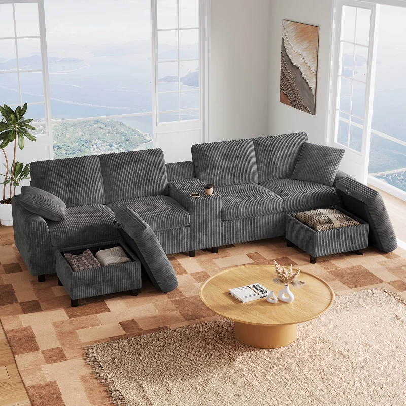 Modern Corduroy U-Shaped Sectional Sofa with 2 Movable Storage Ottomans, Soft Convertible Couch with 2 Type-C Charging Ports, 315L x 135W x 81H cm, Grey