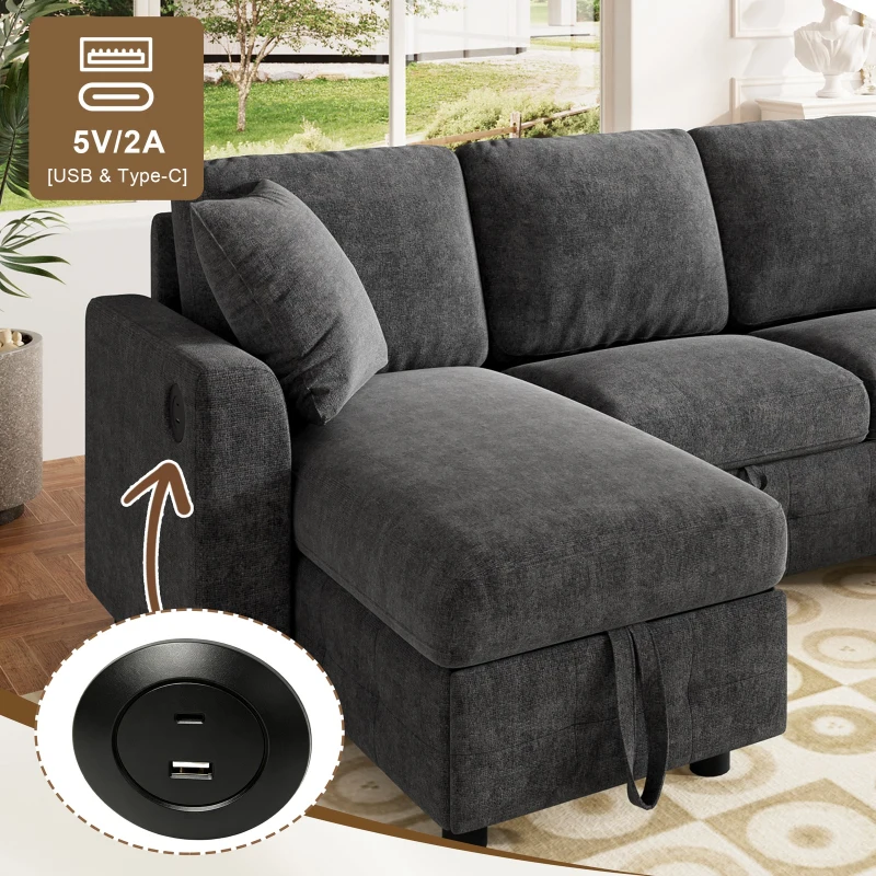 Modern U-Shaped Sectional Sofa with 2 Storage Chaise Lounges, Convertible Sleeper Couch with 2 Square Cushions, 260L x 128W x 82H cm, Gray