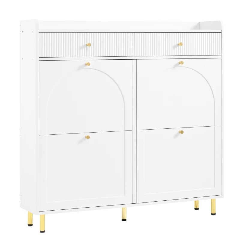 Modern Shoe Cabinet with 4 Flip Doors and 2 Drawers, Space-Saving Entryway Storage Organizer with Metal Handles, 106.5L x 25W x 105.5H cm, White