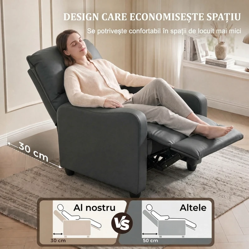HOMCOM Fotoliu Relax Reclinabil Manual 155° cu Suport pentru Picioare, din Piele Ecologică PU, pentru Living și Dormitor, Gri Închis