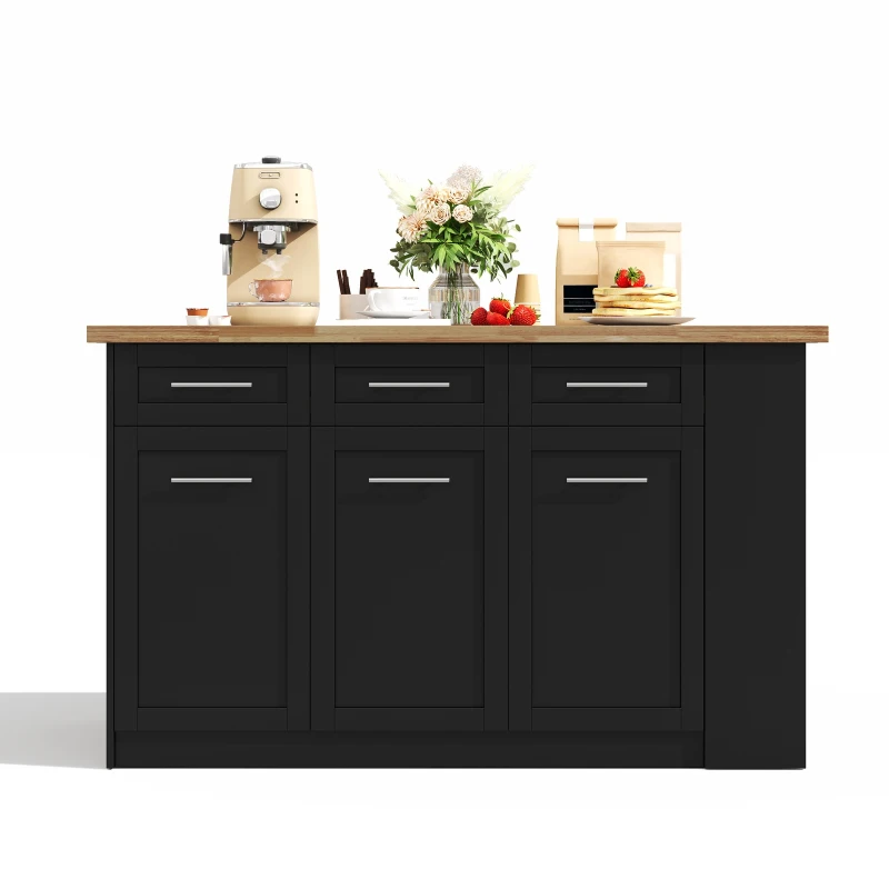Modern Kitchen Island with Hidden Extendable Dining Table, Mobile Breakfast Bar with Marble-Effect Worktop, 150L x 90W x 90H cm, Black+Natural