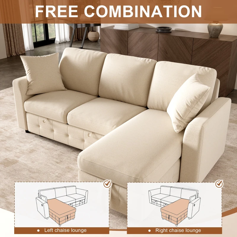 Modern Chenille L-Shaped Sectional Sofa with Reversible Storage Chaise, Soft Pull-Out Sleeper Couch with USB Ports, 200L x 130.5W x 83.5H cm, Beige