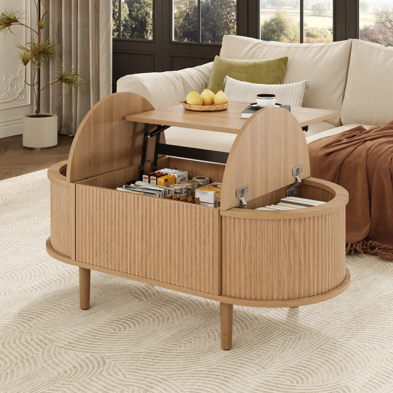 Oval Height-Adjustable Coffee Table with Flip-Top Storage, Vintage-Style Accent Table for Apartments, 100L x 48W x 53.5H cm, Walnut