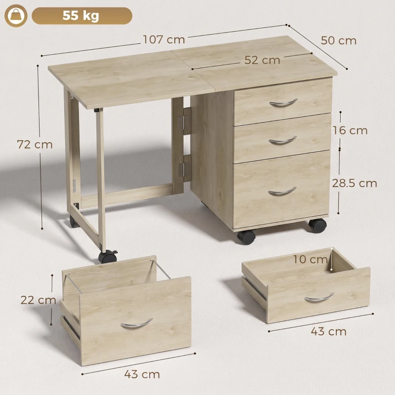 HOMCOM Birou Pliabil Con 3 Sertare, Stejar