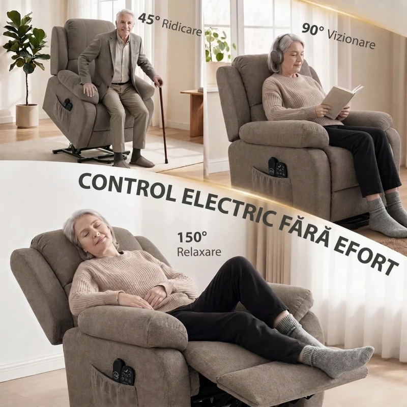 HOMCOM Fotoliu electric cu ridicare și reclinare, cu masaj și încălzire, din material cu efect de in, maro deschis