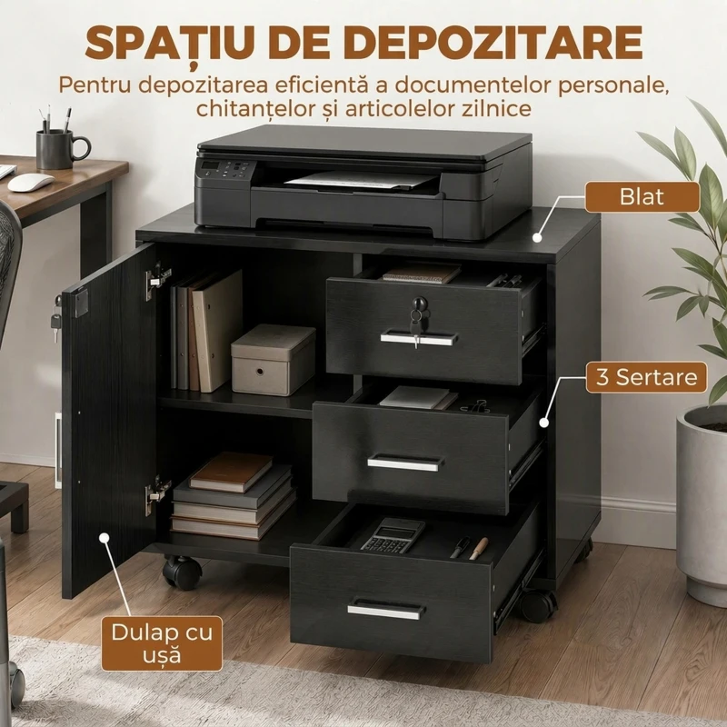 HOMCOM Dulap cu 3 Sertare, Poliță Reglabilă, Suport pentru Imprimantă și Lacăt, Negru