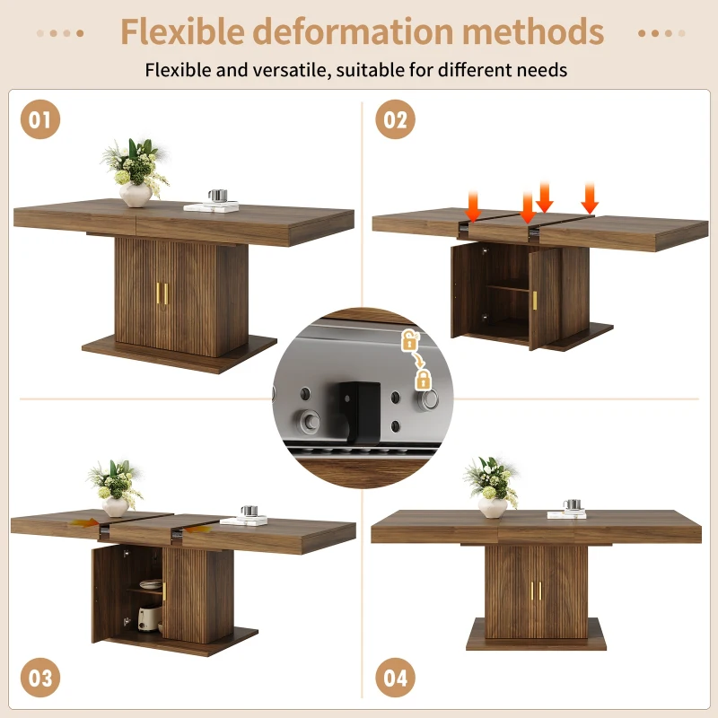 Extendable Dining Table with Integrated Storage, Space-Saving Kitchen Table with Grooved Doors and Shelves, 140-180L x 90W x 75H cm, Walnut