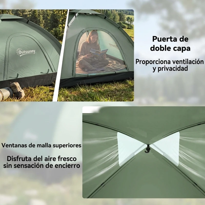 Outsunny Tienda de Camping Plegable con 2 Ventanas de Malla Bolsa de Transporte y Marco de Fibra de Vidrio 206x152x110 cm Verde