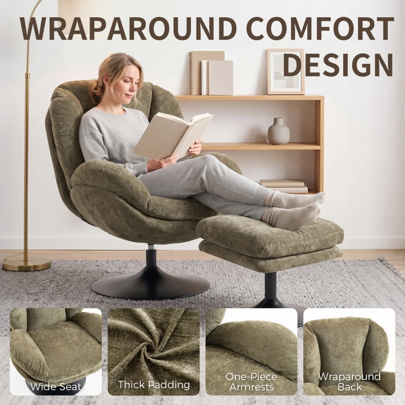 HOMCOM Modern Chenille Lazy Chair with Ottoman, 360° Swivel, Upholstered Reading Seat Set for Living Room, Dark Green