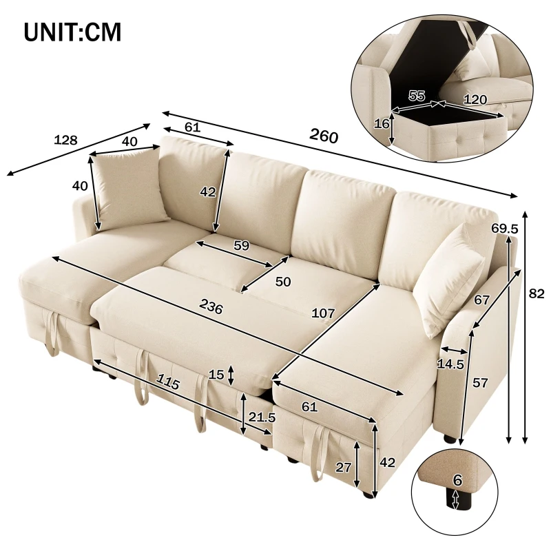 Modern Chenille U-Shaped Sectional Sofa with 2 Storage Chaise Lounges, Soft Convertible Sleeper Couch with 2 Square Cushions, 260L x 128W x 82H cm, Beige