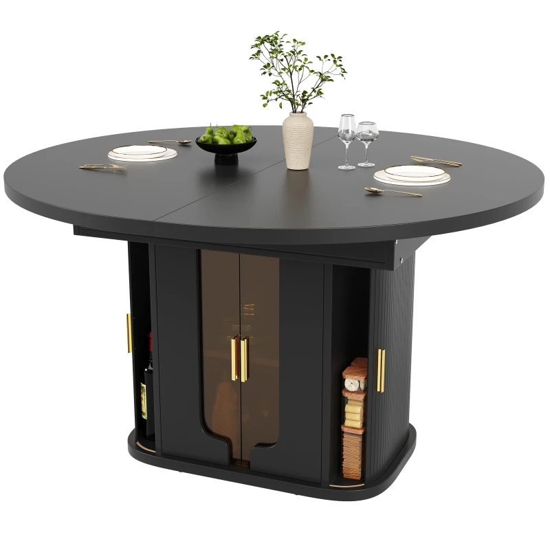 Extendable Dining Table with Glass Doors and Hidden Storage, Space-Saving Oval Dining Table for Up to 6 People, 120-160L x 118W x 77H cm, Black