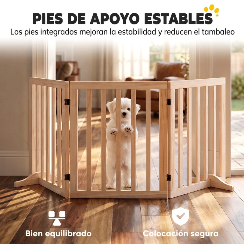 PawHut Barrera de Seguridad para Perros de Madera Plegable 3 Paneles para Escaleras Puertas 2 Patas de Apoyo 150x61 cm Natural