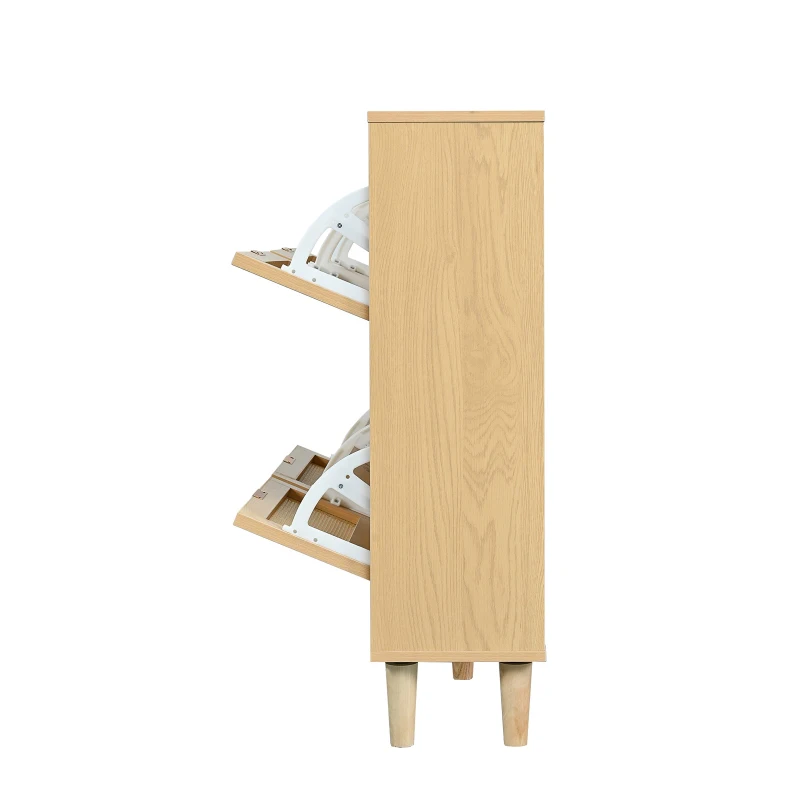 Rattan Narrow Shoe Cabinet with 4 Flip Drawers, Space-Saving Entryway Storage for Hallway, 100L x 25W x 90.5H cm, Light Oak