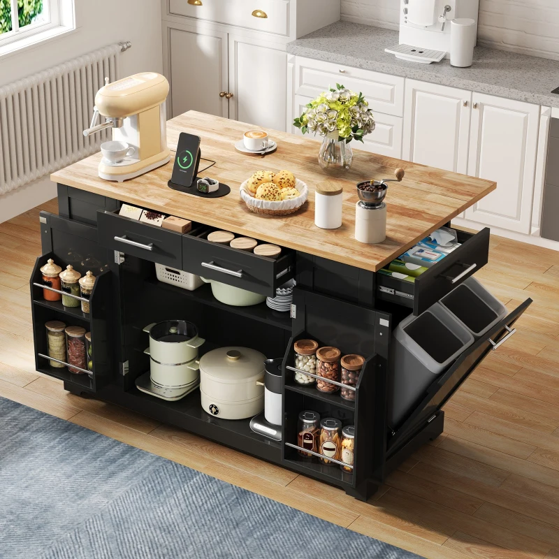 Modern Rolling Kitchen Island Trolley with Woodgrain Worktop, Mobile Storage Cart Unit with Pull-Out Bin Compartment, 138L x 86W x 92H cm, Black