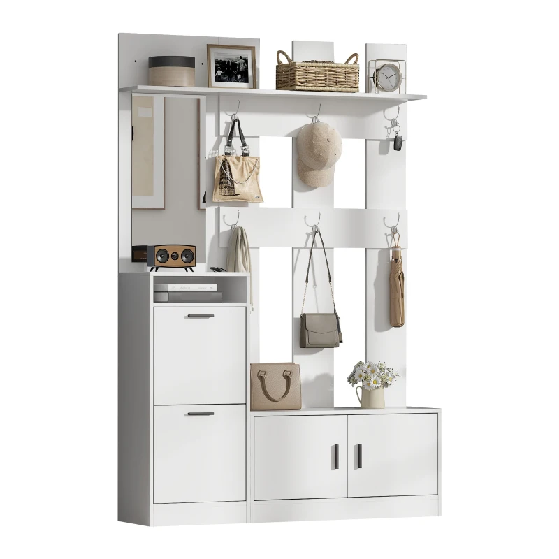 Modern Hall Tree with Coat Rack, Mirror and Shoe Bench, Space-Saving Entryway Unit with 6 Hooks and Flip Cabinets, 120L x 30W x 180H cm, White