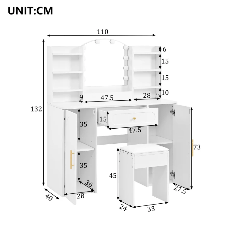 Modern Vanity Desk with Padded Stool and 2 Storage Cabinets, Makeup Dressing Table with Adjustable LED Mirror, 110L x 40W x 132H cm, White
