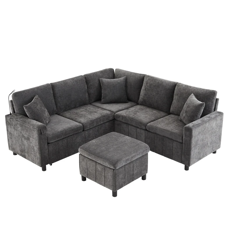 Modern Corner Sofa Bed with Reading Lamp and Fold-Out Cup Holder Table, Soft Pull-Out Sleeper Couch with Ottoman, 205L x 205W x 85H cm, Grey