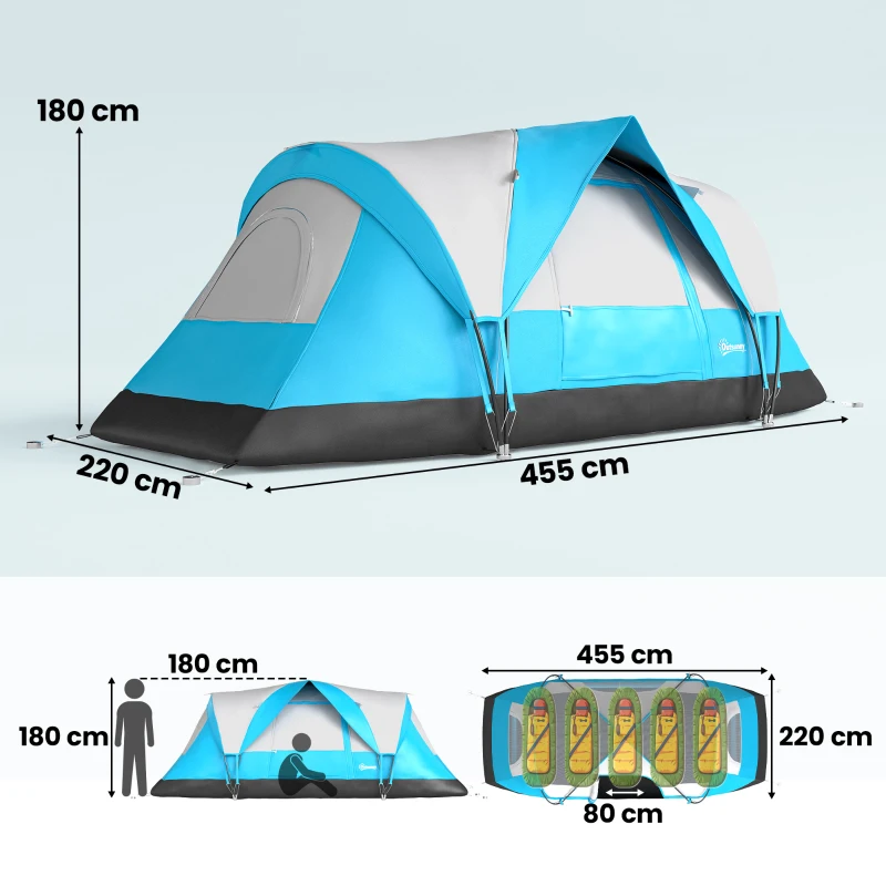 Outsunny 5 Man Camping Tent, Large Tunnel Tent, Water Resistant Hiking Shelter with Groundsheet and Carry Bag, Light Blue