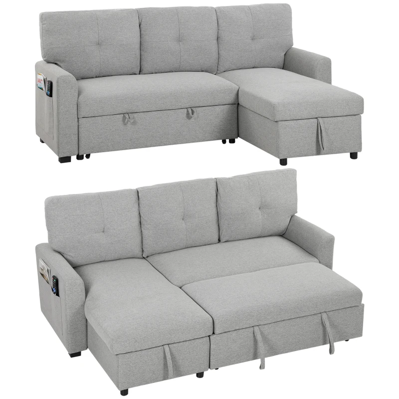 HOMCOM Canapea extensibilă 3 locuri cu șezlong convertibil, spațiu de depozitare, 3 perne, material cu efect de in, gri