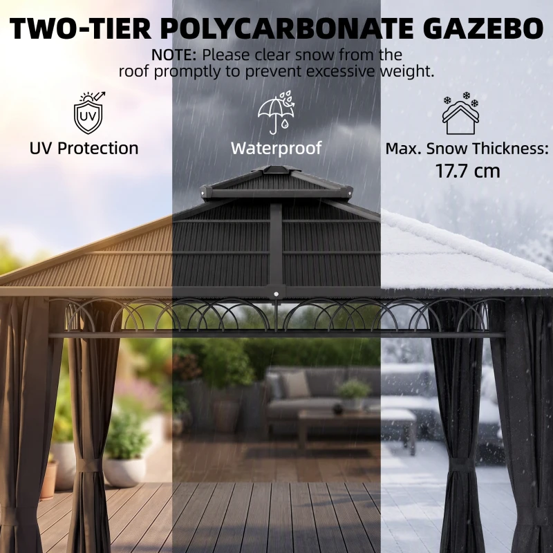 Outsunny 3 x 3 (m) Outdoor Polycarbonate Gazebo, Double Roof Hard Top Gazebo with Galvanised Steel Frame, Nettings & Curtains for Garden, Lawn, Patio and Deck, Dark Grey