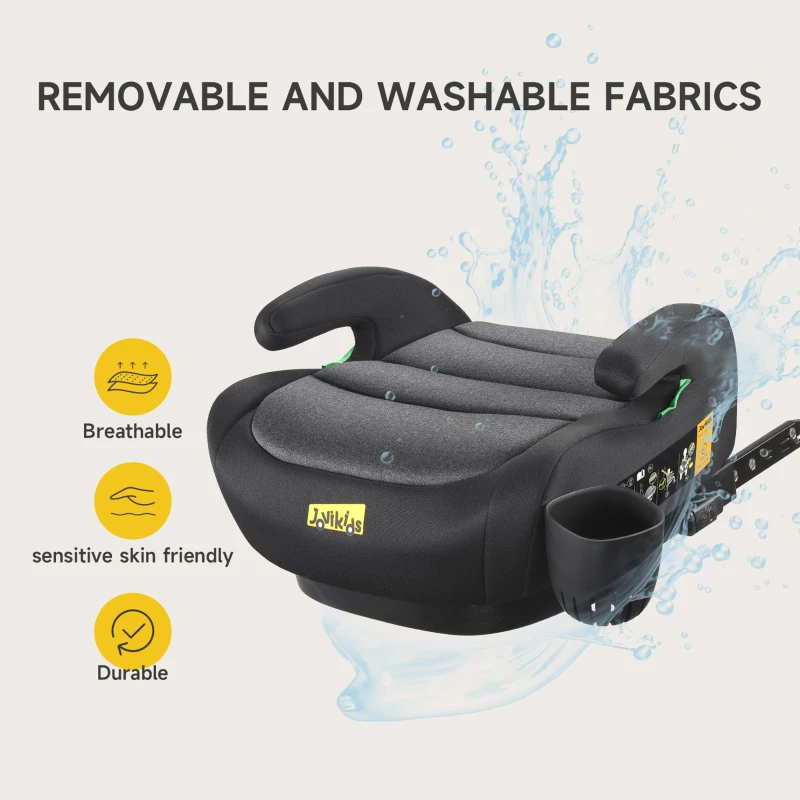 I-Size Booster Seat with ISOFIX and ECE R129, Car Seat with Washable Cover and Cup Holder for Children 125-150 cm, 40L x 42W x 17H cm, Black